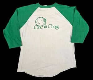70s 80s One In Christ Raglan Shirt Single Stitch Religious Jesus 3/4 Sleeve Sz L